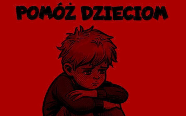 Grafika z napisem 'Pomóż dzieciom' na czerwonym tle.