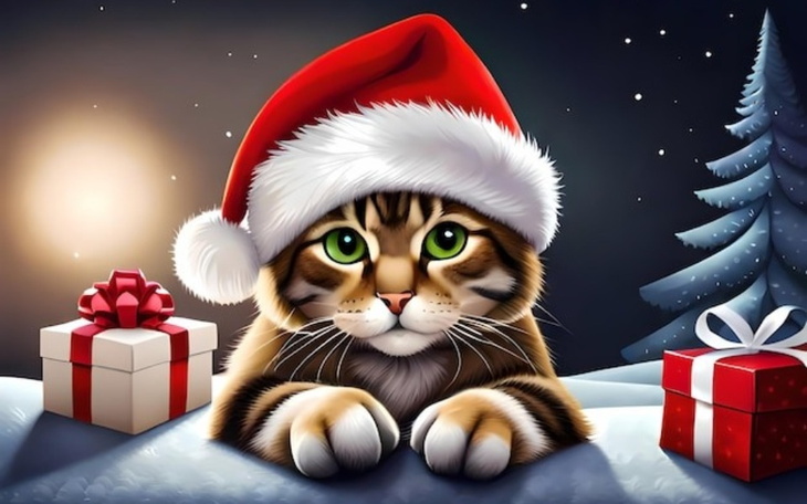 Kot w czapce Mikołaja, otoczony prezentami.