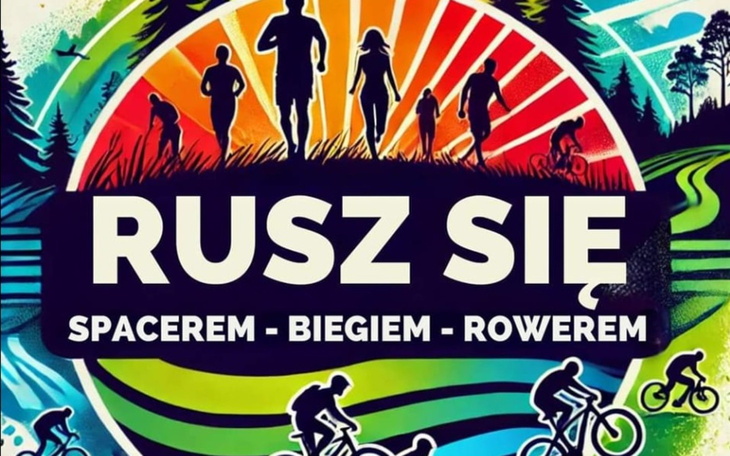 Plakat promujący aktywność fizyczną: spacer, bieg, jazda na rowerze.