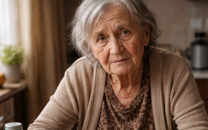 Starsza kobieta z wyrazem twarzy pełnym troski.