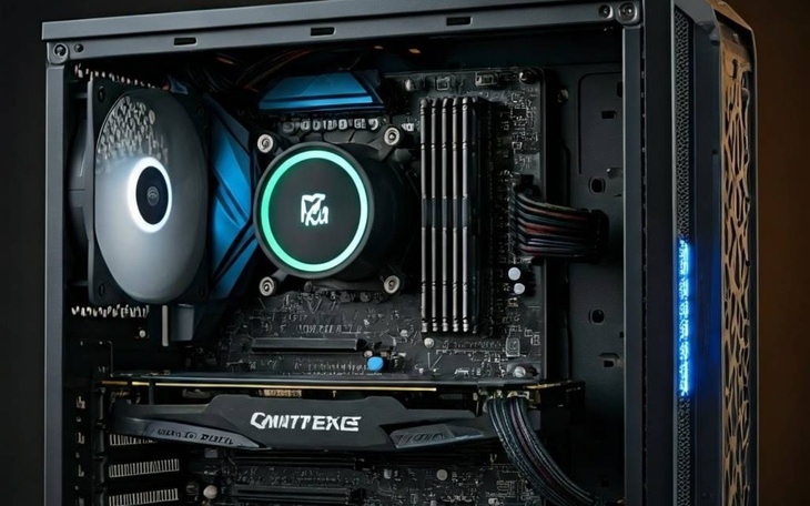 Wnętrze komputera z podzespołami i podświetleniem.