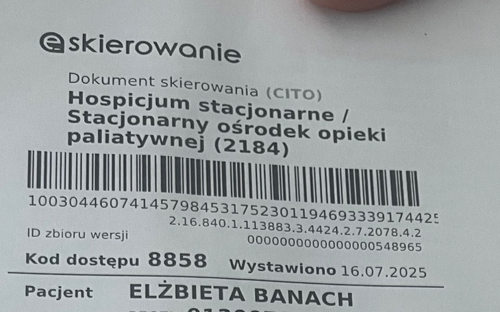 Dokument skierowania do hospicjum z danymi pacjenta.