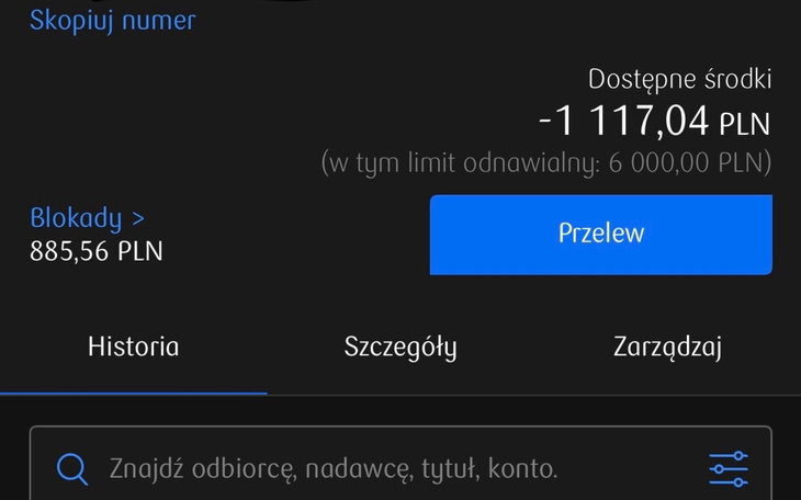 Zrzut ekranu z aplikacji bankowej z informacjami o saldzie.