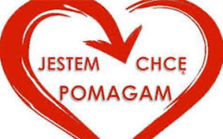 Logo z sercem i napisem 'Jestem, chcę pomagam'.