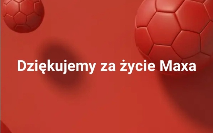 Podziękowanie za życie Maxa z piłkami na tle czerwonym.