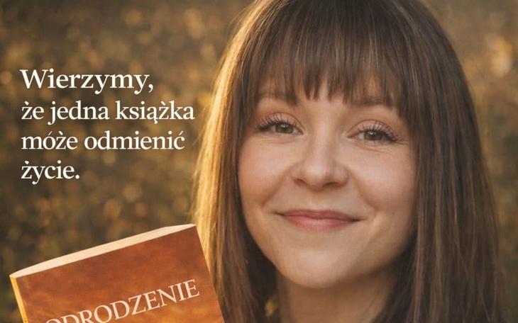 Kobieta trzymająca książkę, uśmiechająca się w promieniach słońca.