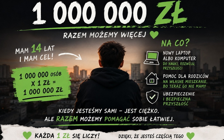 Plakat promujący zbiórkę funduszy, zachęcający do wsparcia.