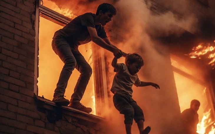 Chłopiec ratuje młodszego brata z płonącego budynku.