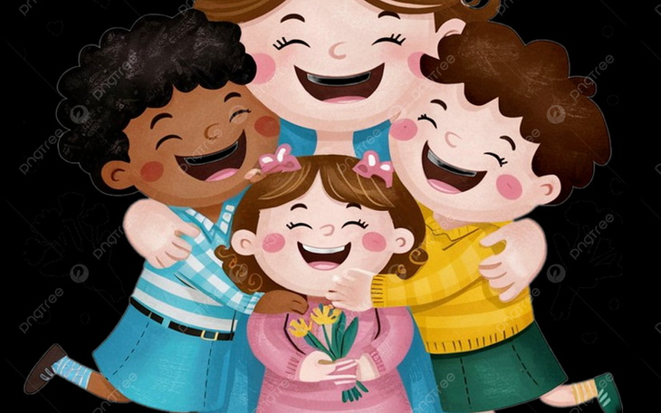 Czwórka dzieci wesoło się przytula, trzymając kwiaty.