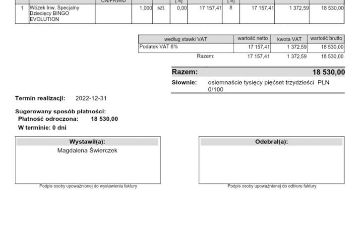 Dokument faktury z danymi płatności i terminem realizacji.