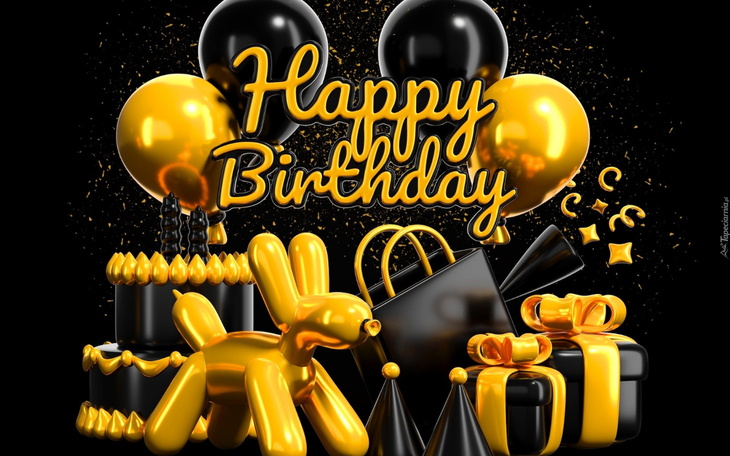 Grafika z balonami i napisem 'Szczęśliwych Urodzin'.