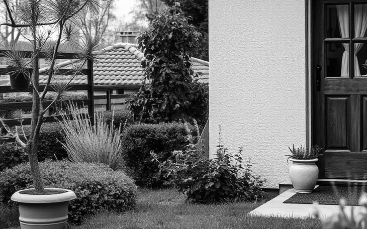 Czarnobiałe zdjęcie ogrodu z roślinami i drzwiami wejściowymi.