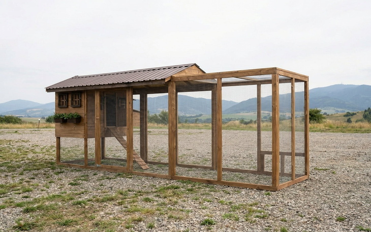 Drewniana klatka dla ptaków z widokiem na góry.