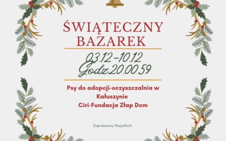 Plakat zapraszający na świąteczny bazarek z adopcją psów.