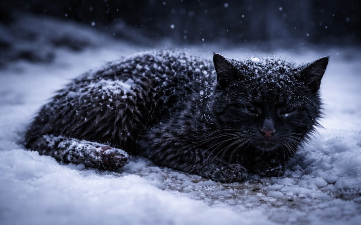 Czarny kot leżący w śniegu, pokryty płatkami.