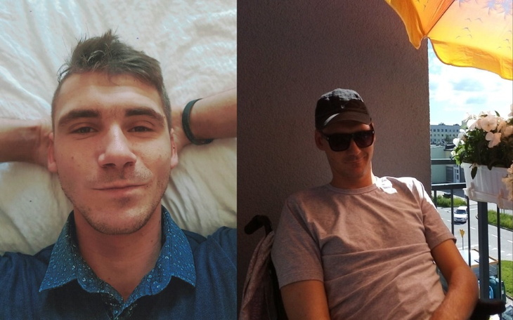 Dwie fotografie mężczyzny, jedna w łóżku, druga na balkonie.