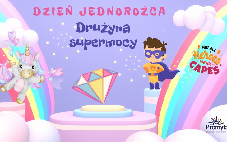 Kolorowa grafika z jednorożcem i superbohaterem, zapraszająca na Dzień Jednorożca.
