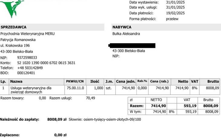 Faktura za usługi weterynaryjne dla zwierząt domowych.