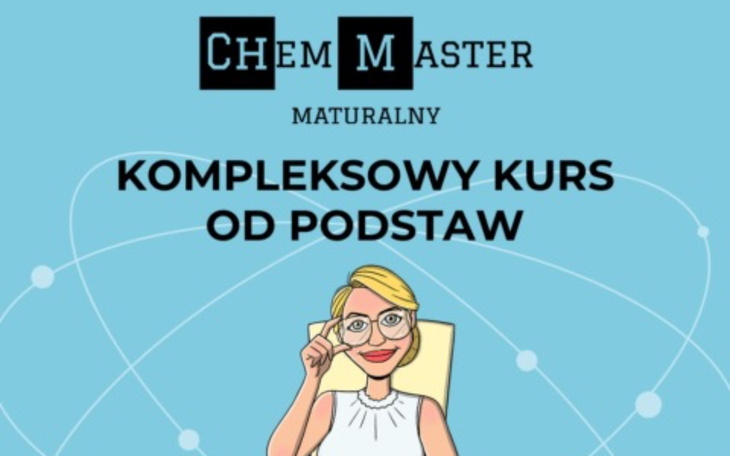 Plakat promujący kurs chemii, zachęcający do nauki od podstaw.