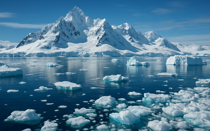 Malowniczy widok gór z lodowcami i niebieską wodą.