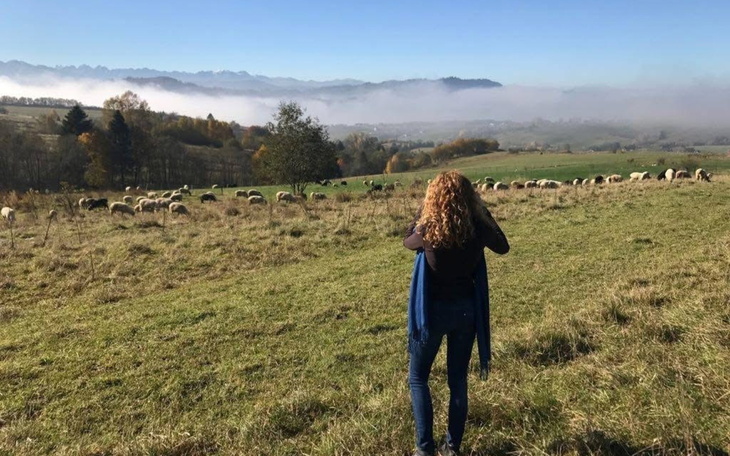 Kobieta na tle górskiego krajobrazu z owcami na łące.