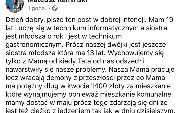 Post na Facebooku, młody mężczyzna dzieli się swoją historią.