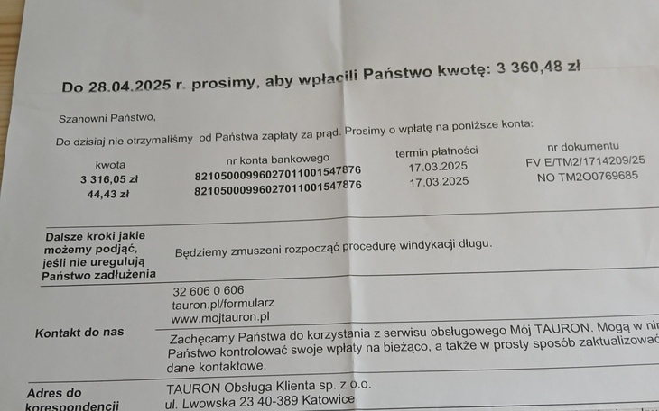 Dokument z informacjami o płatności i długach.