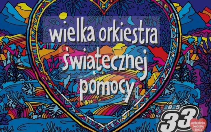 Kolorowa grafika z napisem o Wielkiej Orkiestrze Świątecznej Pomocy.