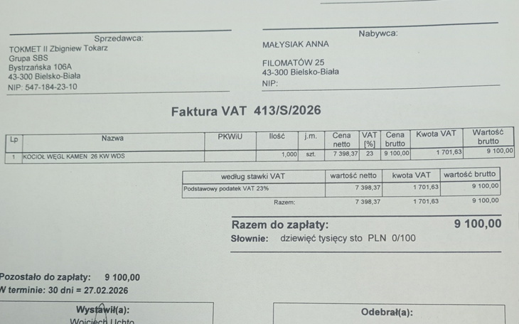 Faktura VAT z danymi sprzedaży i kwotą do zapłaty.