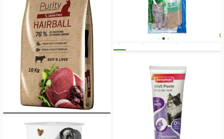 Różne produkty dla kotów, w tym karma i pasta.