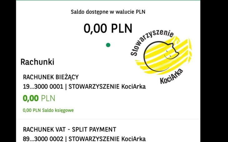 Zrzut ekranu z konta bankowego, saldo 0 PLN.