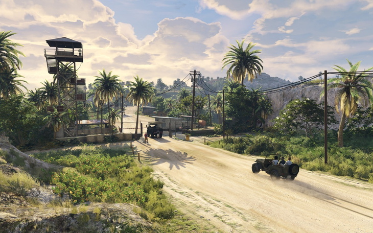 Sceneria z gry wideo, z samochodami na drodze.