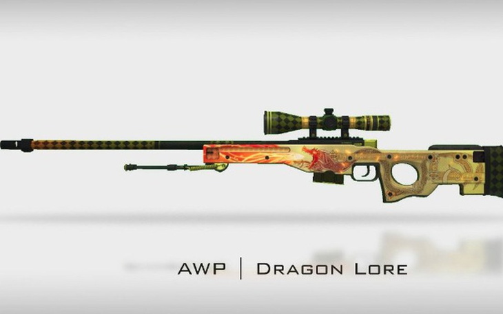 Snajperka AWP z grafiką 'Dragon Lore', na białym tle.