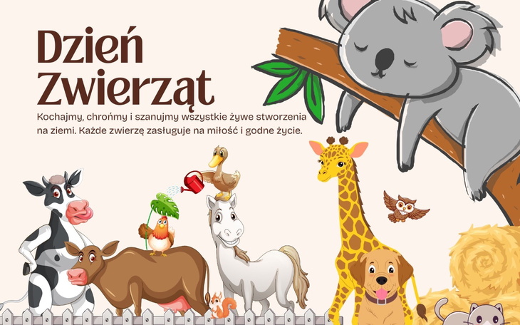 Ilustracja z okazji Dnia Zwierząt, przedstawiająca różne zwierzęta.