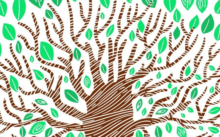 Ilustracja drzewa z zielonymi liśćmi na białym tle.