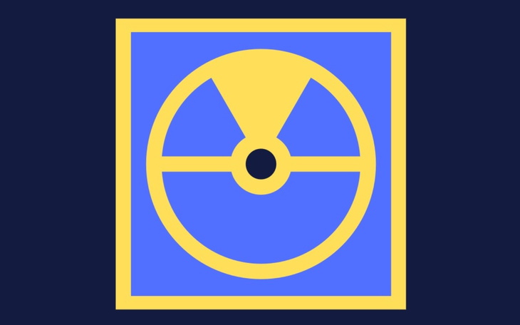 Symbol promieniowania w kolorach niebieskim i żółtym.