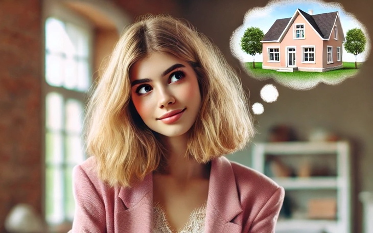 Młoda kobieta marzy o wymarzonym domu, z uśmiechem na twarzy.