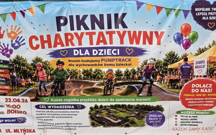Banner Piknik Charytatywny dla dzieci z kolorowymi balonami.