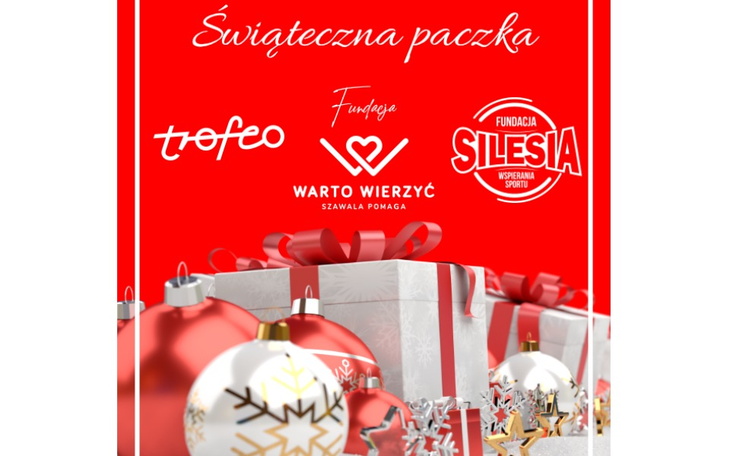 Grafika promująca świąteczną paczkę z logo fundacji.