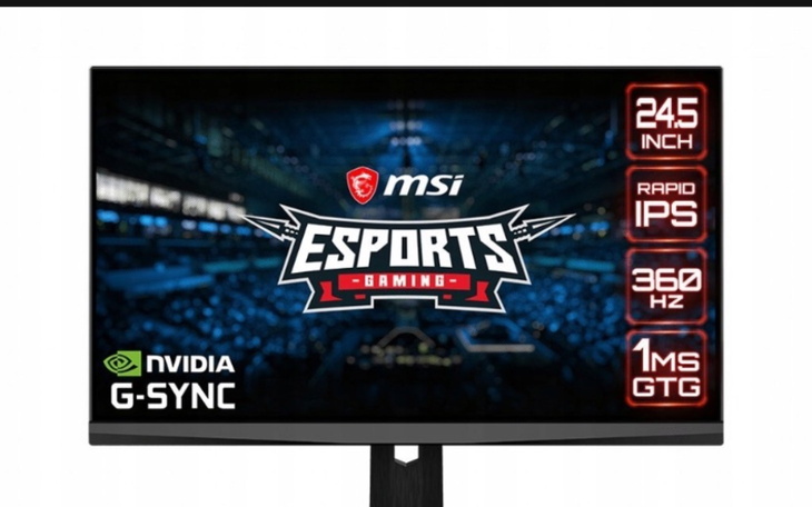 Monitor gamingowy MSI z logo e-sportowym, 245 cali, 360 Hz.