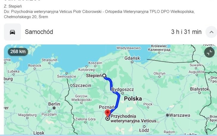 Mapa z trasą do weterynarza w Polsce.