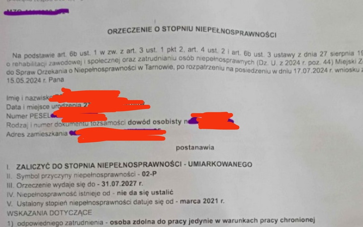 Dokument dotyczący stopnia niepełnosprawności.
