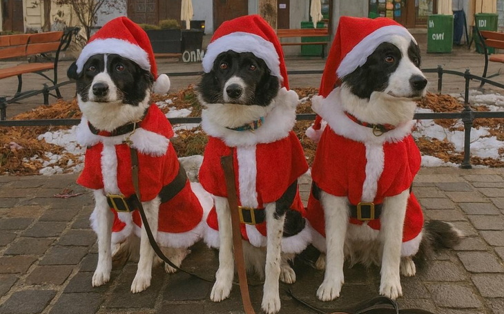 Trzy psy w strojach Mikołaja, pozujące na ulicy.