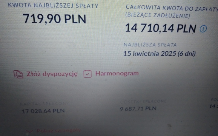 Zrzut ekranu z informacjami o spłacie zadłużenia.