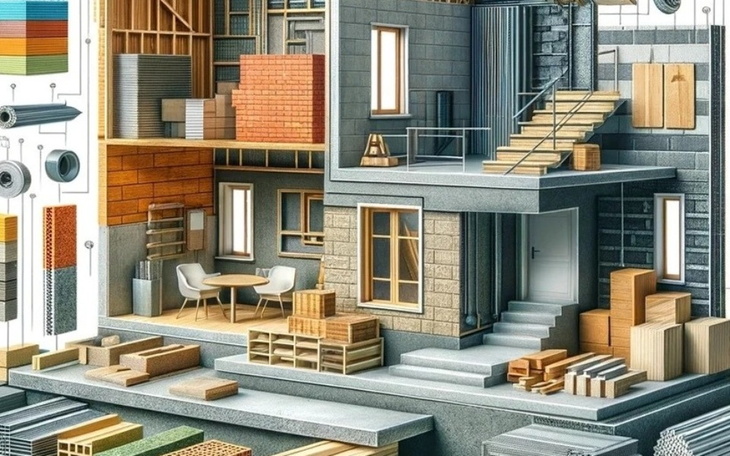 Wizualizacja budynku z różnymi materiałami budowlanymi.