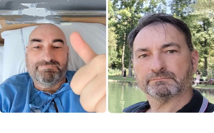 Mężczyzna w szpitalu, pokazujący kciuk w górę.