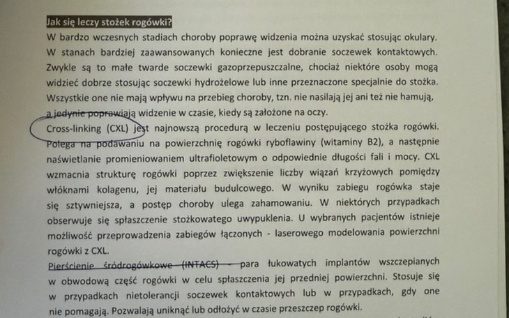 Dokument dotyczący leczenia rogówek, z informacjami medycznymi.