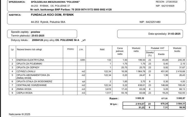 Rachunek za usługi z danymi kontaktowymi.