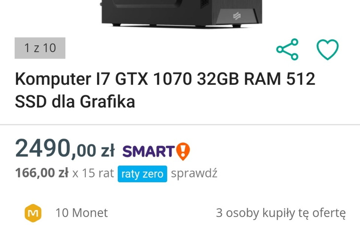 Komputer z procesorem i7, kartą GTX 1070, 32GB RAM i 512GB SSD.