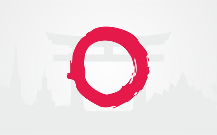 Minimalistyczny logo z japońskim torii w tle.